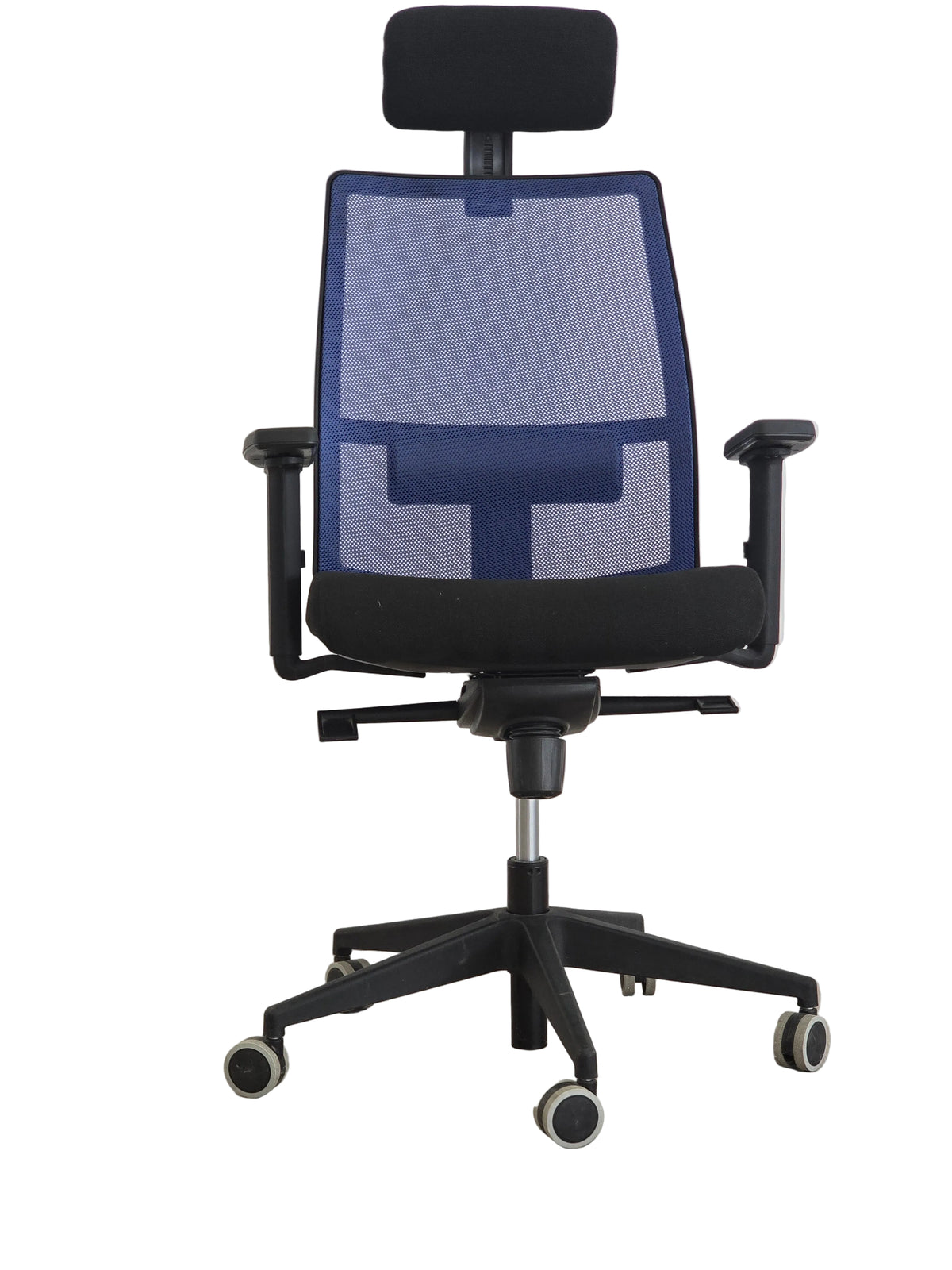 A modern ergonomic office chair with a blue mesh backrest, black padded headrest, armrests, and a black five-star wheeled base,
