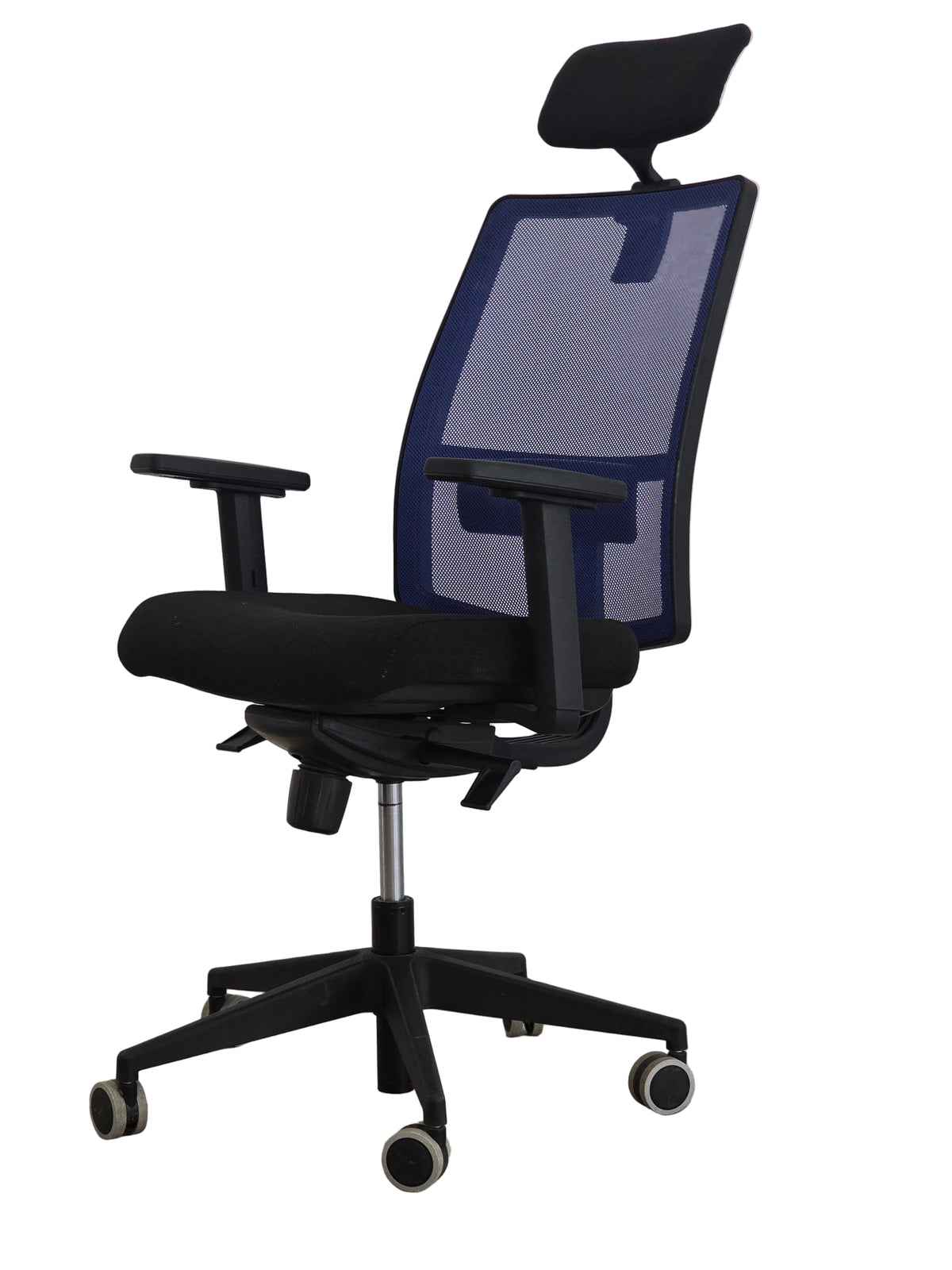 A modern ergonomic office chair with a black fabric seat and headrest, a black mesh backrest with blue side panels, adjustable armrests, and a five-star wheeled base